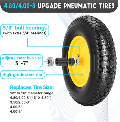 16" 4.80/4.00-8" Flat-Free Solid Wheelbarrow Wheel and Tire, 3"-7"Centered Hub with 5/8"&3/4"
