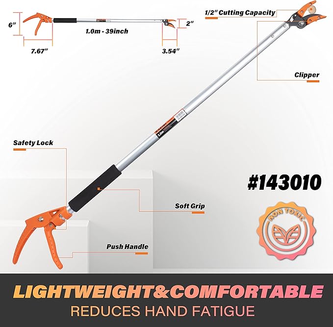 KSEIBI 143010 Long Reach 3.5 ft (1.0m) Cut & Hold Bypass Pruner - Lightweight Aluminum