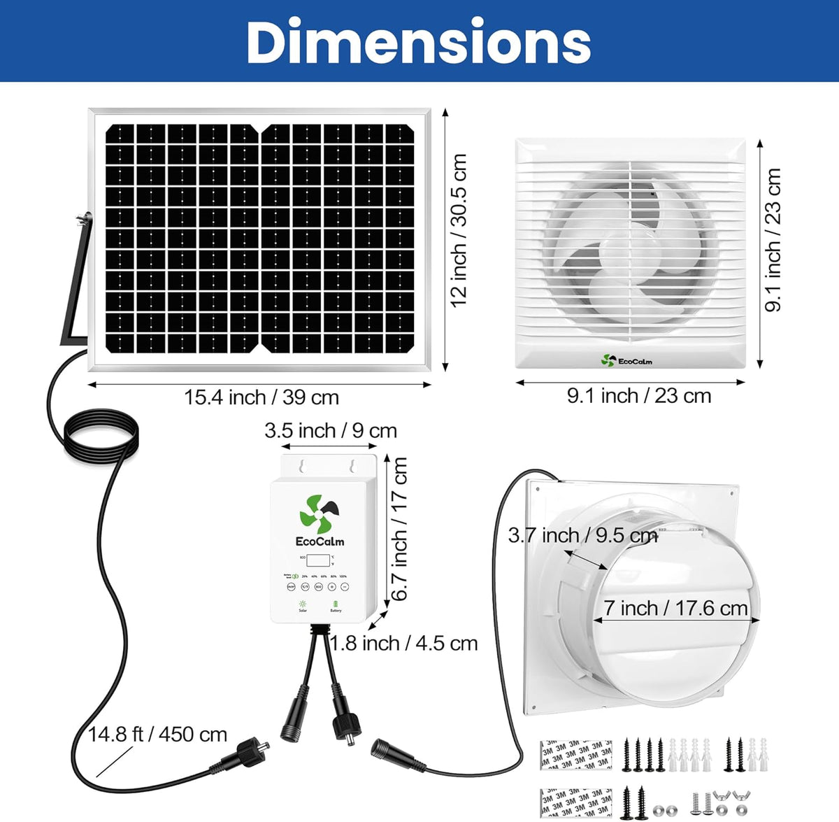 Solar Fan with Battery and Adjustable Thermostat, 8" Solar Powered Fans for Shed with 25W Bifacial