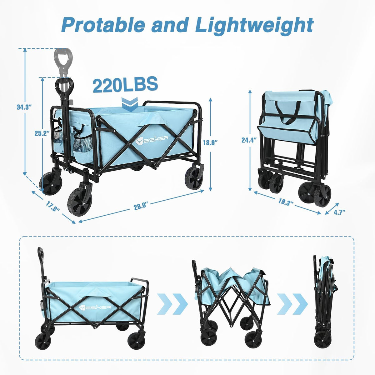 Yesker Foldable Wagon - 220lbs Collapsible Garden Carts with All Terrain Wheels for Outdoor Camping
