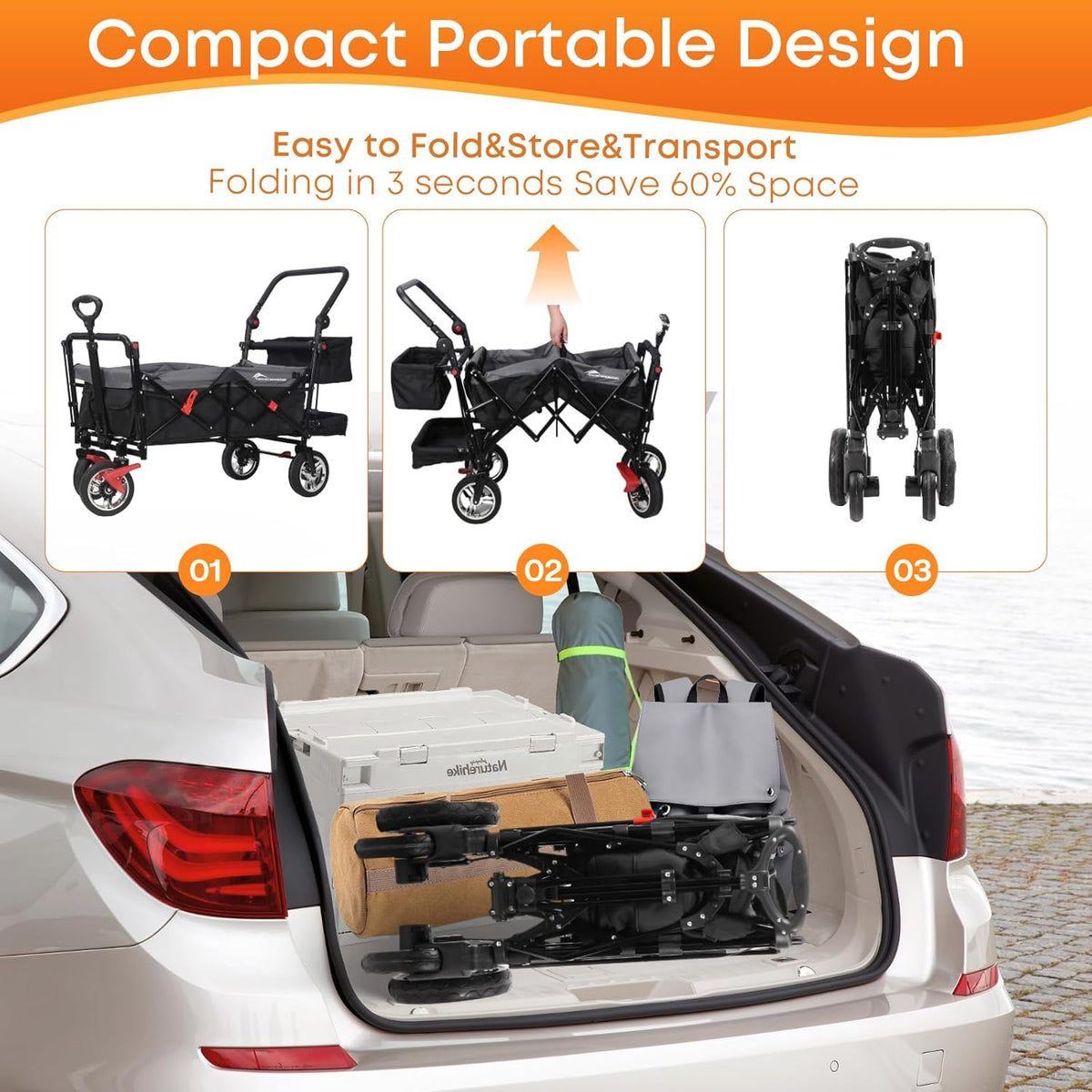 Wagon Cart with Removable Canopy,Collapsible Foldable Wagon, Heavy Duty Utility Outdoor Foldable