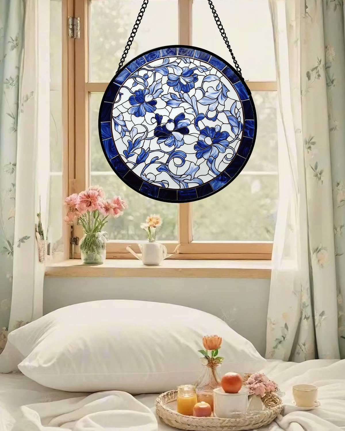 Stained Glass Window Hanging, Blue and White Abstract Flowers Sun Catcher for Door Home Decor
