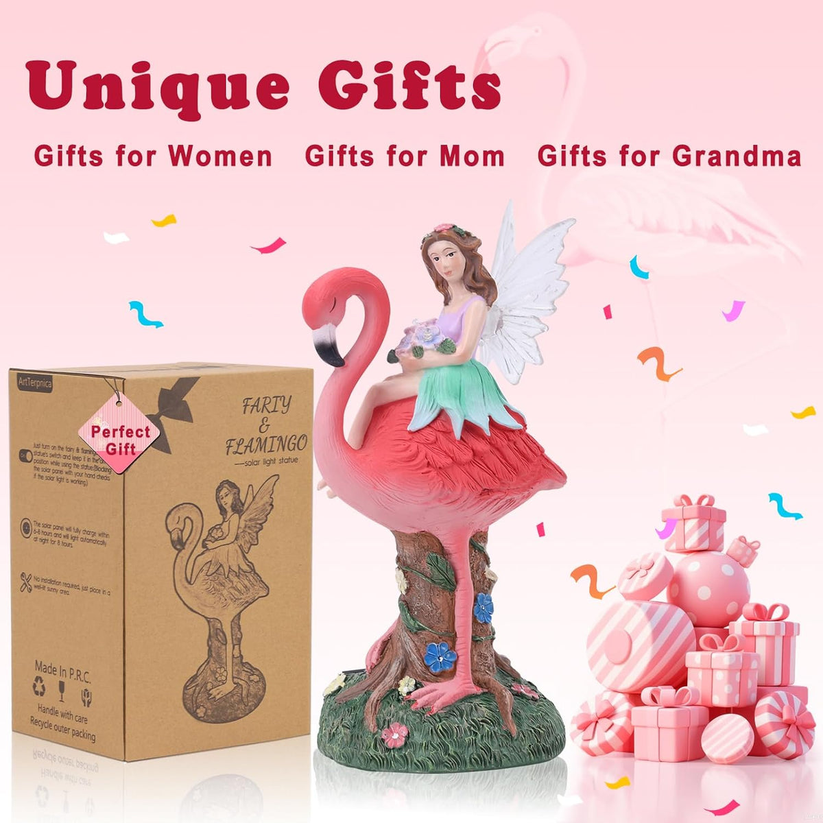Solar Fairy & Flamingo Garden Decor Statue, Outdoor Funny Solar Light Decoration for Yard, Patio