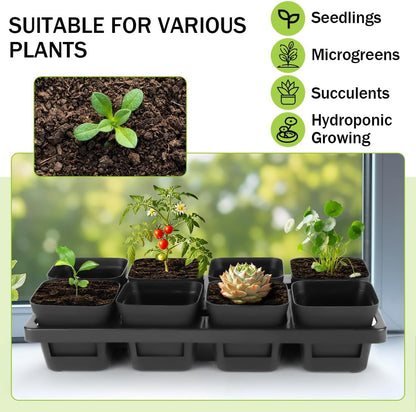 8 Cell Nursery Pots Trays 6 Pack (12" x 6"), 3 inch Square Plastic Nursery Pots 48 Pcs, Durable