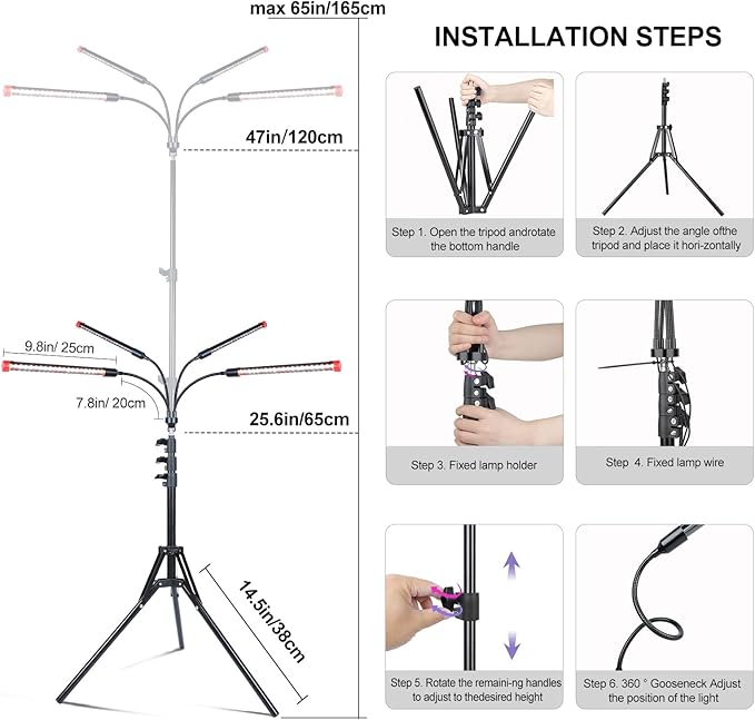 4-Head Tripod Stand Grow Lights for Tall House Plants, Seed Starting, Bonsai Tree with Timer, 36W