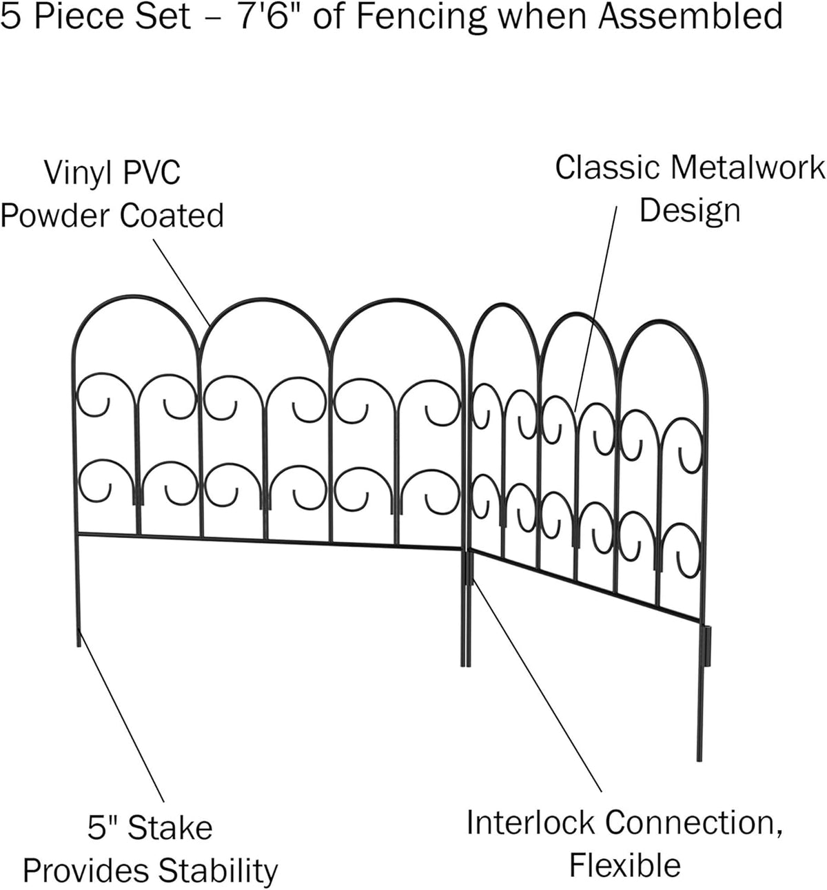 Metal Garden Fencing - Set of 5 Interlocking Panels for Flower Beds and Landscaping - Decorative