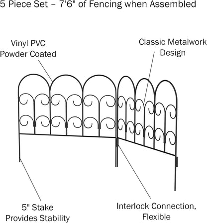 Metal Garden Fencing - Set of 5 Interlocking Panels for Flower Beds and Landscaping - Decorative