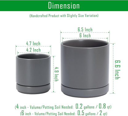 D'vine Dev 4.7 Inch & 6.5 Inch Ceramic Planter Pots for Plants with Drainage Hole and Saucer, Small