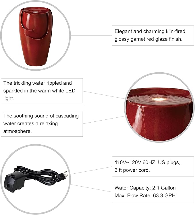 Glitzhome 21.25" H Ceramic Vase Outdoor Water Fountain Tall Patio Garden Water Fountain with LED
