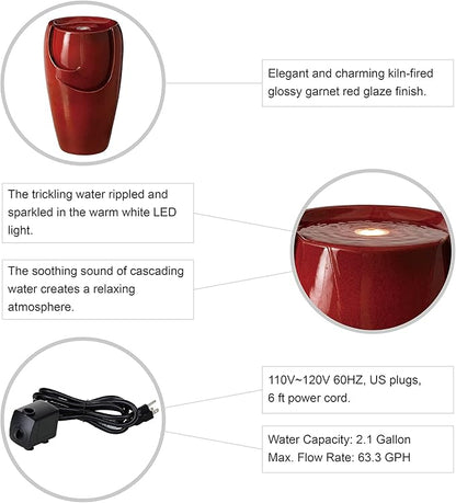 Glitzhome 21.25" H Ceramic Vase Outdoor Water Fountain Tall Patio Garden Water Fountain with LED