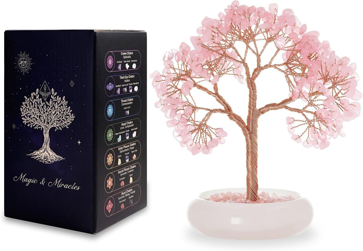 Rose Quartz Crystal Trees of Life for Home Office Desk Deco, Bonsai Tree, Chakra Healing Crystals