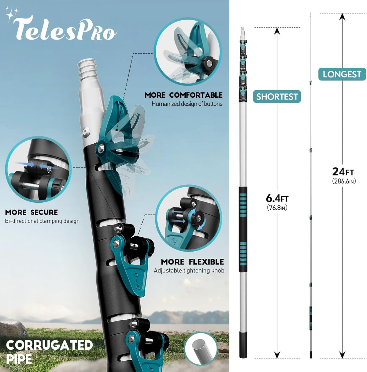 Extendable Tree Trimmer: Manual Pole Saw | 6-24ft Telescoping Pruning Pole for Tree Trimming | Saw