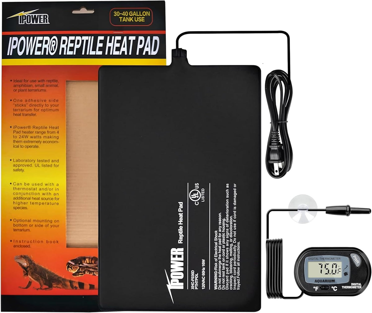iPower 8 by 12-Inch 16W Reptile Heat Mat, LCD Digital Aquarium Thermometer, Under Tank Warmer