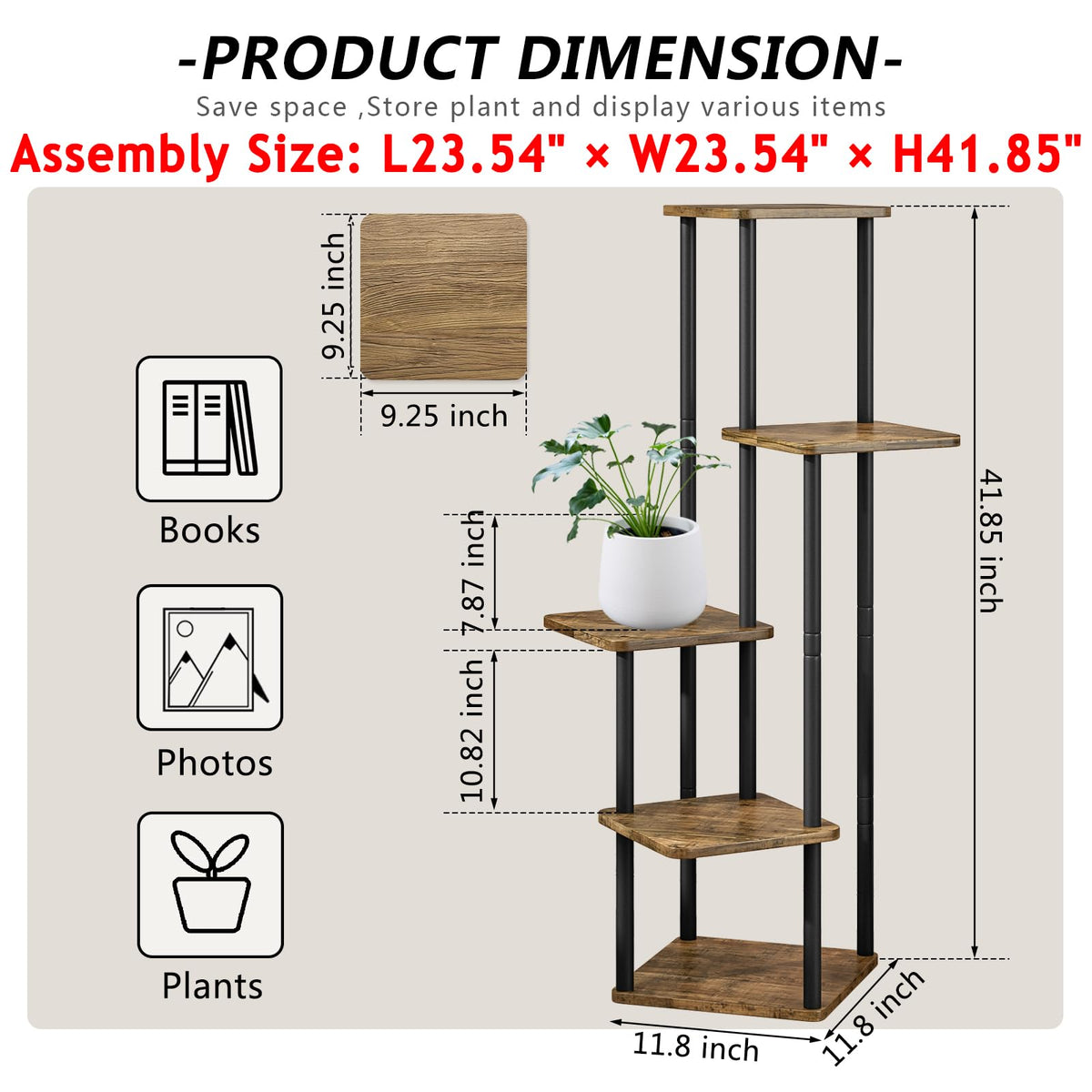 AZERPIAN 5 Tier Tall Plant Stand Indoor Corner Tiered Shelf Metal MDF Board