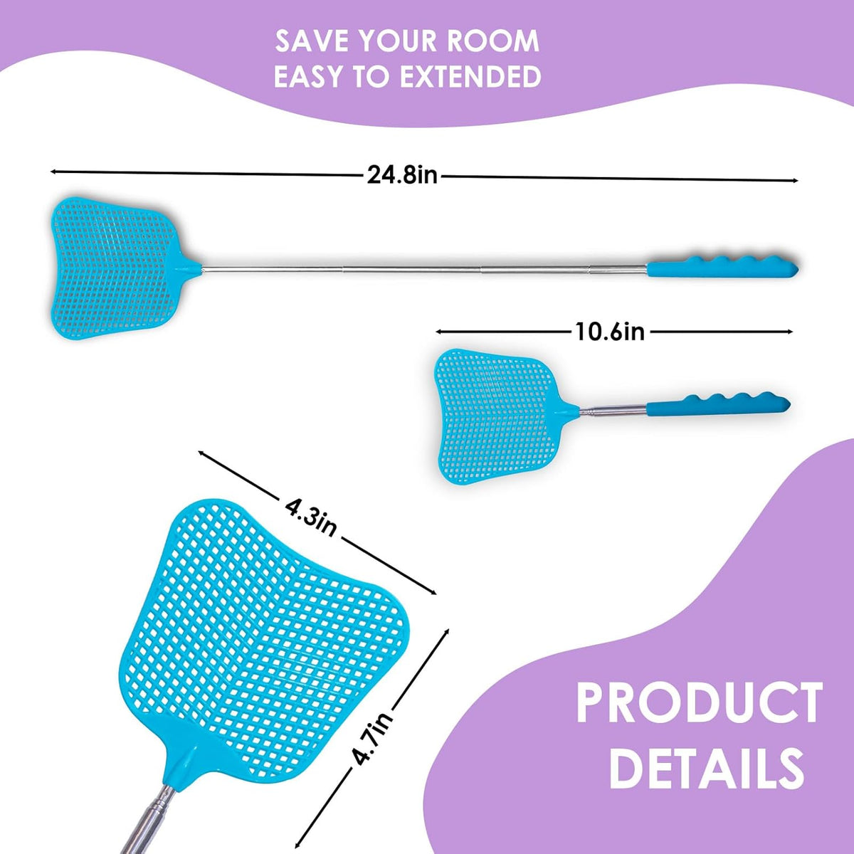 Wapodeai 3 pcs Fly Swatter, Fly Swatters Plastic Telescopic, Large Bug Swatter That Work for Indoor
