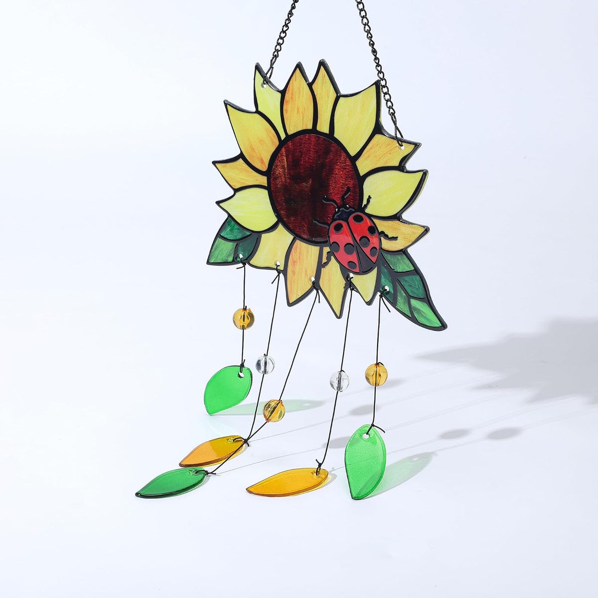 Stained Glass Suncatcher, Sunflower and Ladybug Window Hanging, 20 x 8 inches, Hand-Painted (Style