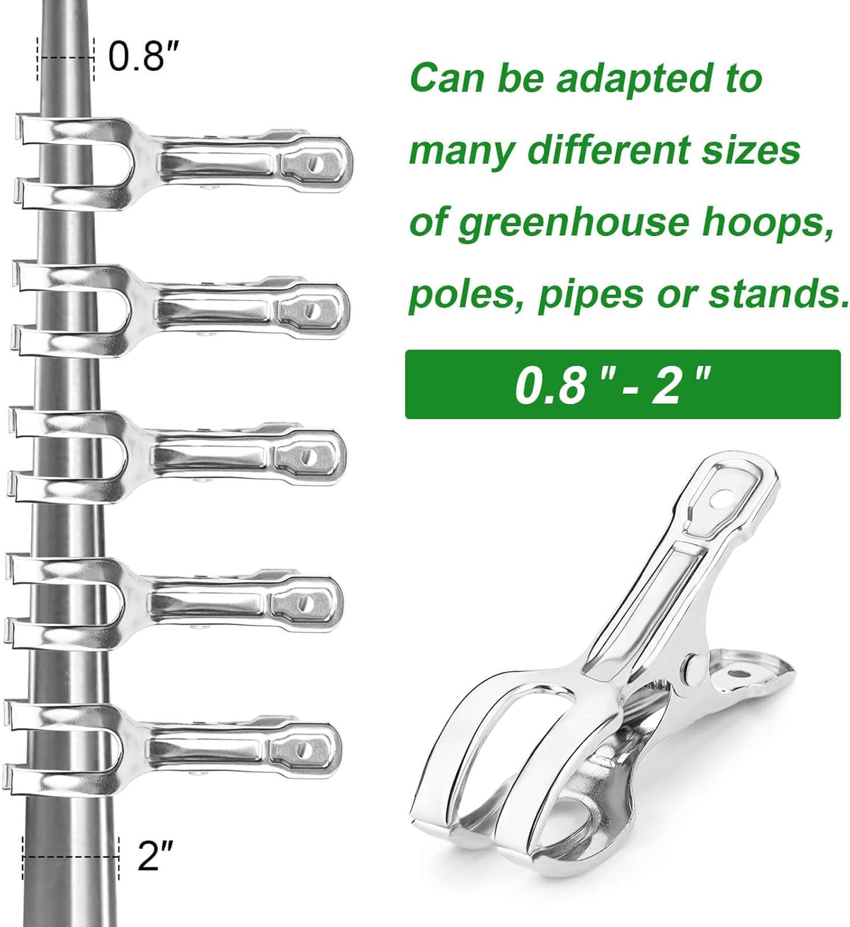 Upgrade Large Garden Clips, Stainless Steel Greenhouse Clamps for 3/4'', 1'', 2'' Pipes, Strong