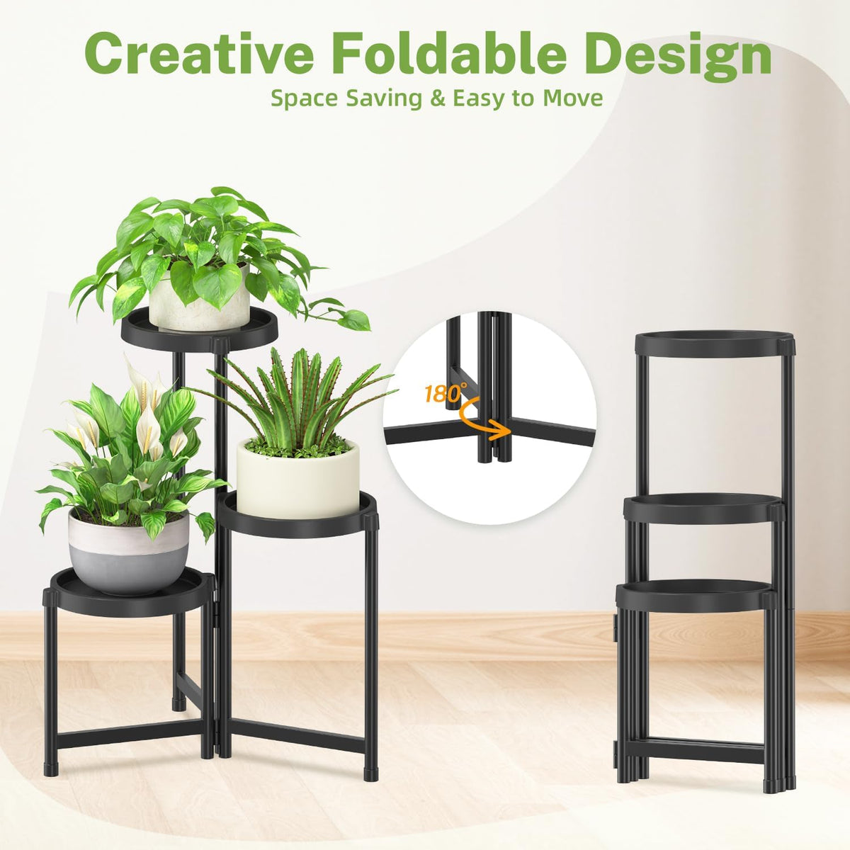 iDavosic.ly 3 Tier Folding Plant Stand Indoor Outdoor with Plastic Tray, Tiered Corner Flower