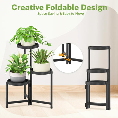 iDavosic.ly 3 Tier Folding Plant Stand Indoor Outdoor with Plastic Tray, Tiered Corner Flower