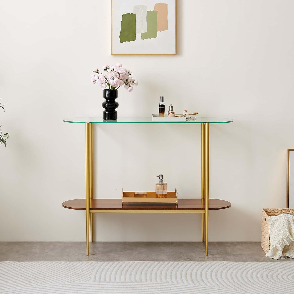 Oval Glass Console Table for Living Room, Foyer & Entrance, 2-Tiers Mid-Century Modern Sofa Table