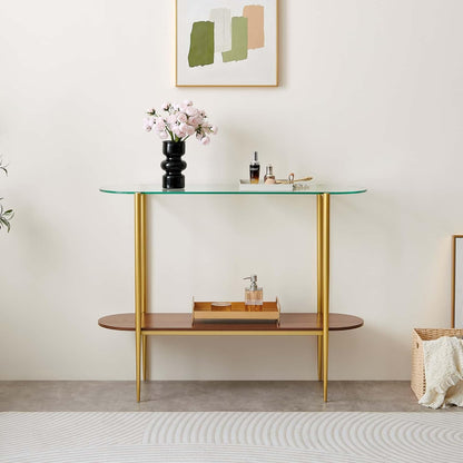 Oval Glass Console Table for Living Room, Foyer & Entrance, 2-Tiers Mid-Century Modern Sofa Table