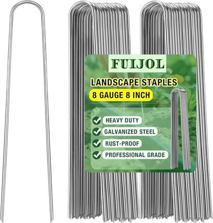 8 Gauge Landscape Staples, FUIJOL 8 Inch Heavy Duty U-Shaped Landscape Stakes, 25 Pack Galvanized
