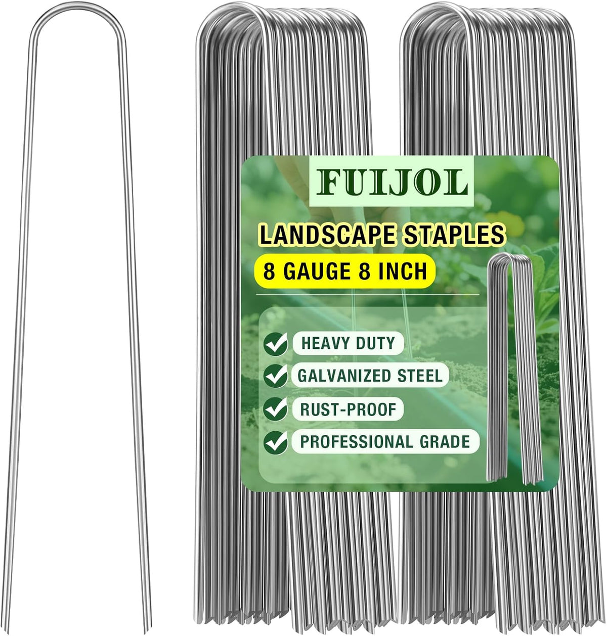 8 Gauge Landscape Staples, FUIJOL 8 Inch Heavy Duty U-Shaped Landscape Stakes, 15 Pack Galvanized