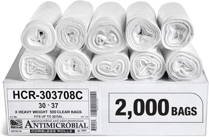 Aluf Plastics High Density Trash Bags, 30 Gallon, 2000 Count, 8 Micron (eq), 30" x 37", Clear, for