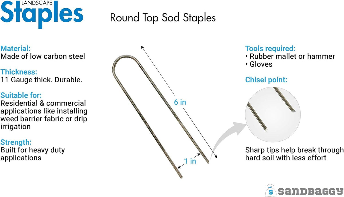 Sandbaggy Round Top 6-Inch Landscape Staples ~ SOD Garden Stakes Square Pin for Ground Cover Fabric