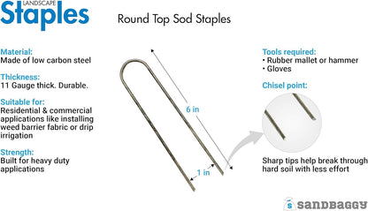 Sandbaggy Round Top 6-Inch Landscape Staples ~ SOD Garden Stakes Square Pin for Ground Cover Fabric