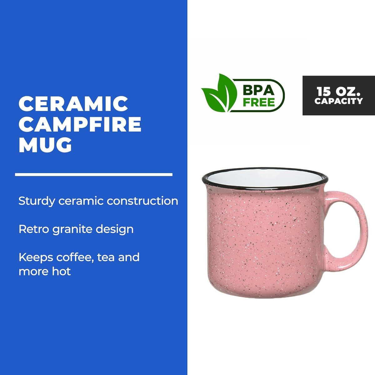 Set of 16 Ceramic Campfire Mugs – 15 Oz, Pink – Coffee & Tea Cups for Home, Work, Travel, Camping
