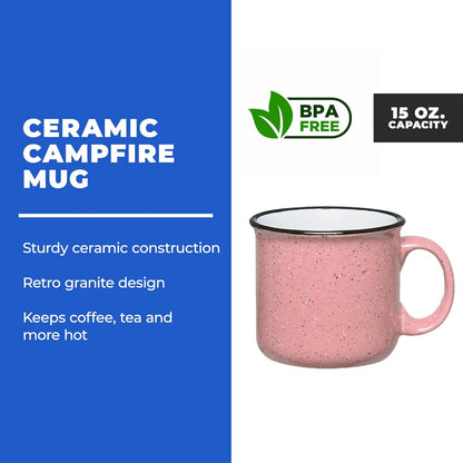 Set of 16 Ceramic Campfire Mugs – 15 Oz, Pink – Coffee & Tea Cups for Home, Work, Travel, Camping