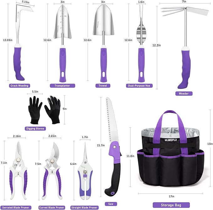 Purple Garden Tool Set Gardening Items for Women - 11PCS Heavy Duty Garden Tools with Detachable