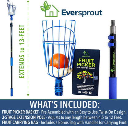 EVERSPROUT 4.5-to-12ft Durable Fruit Picker with 20+ Foot Reach – Telescoping Fruit Picker Pole
