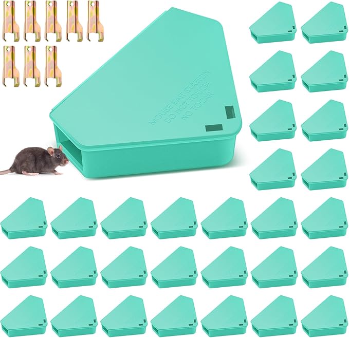 Qualirey 36 Pcs Mice Station with Key Triangle Bait Station Reusable Rodent Trap Bait Box, Keeps