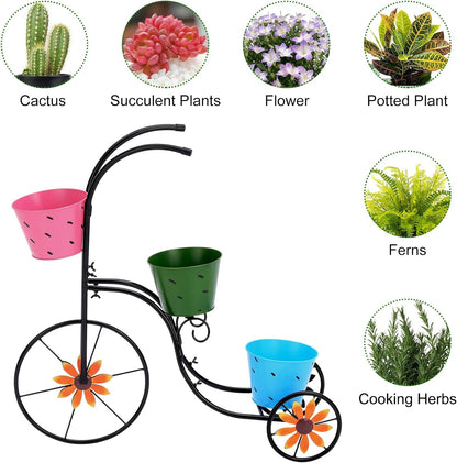 BAYN Bicycle Planter Stand, Metal Flower Pot Cart Holder with 3 Plant Bucket Outdoor Decorative for