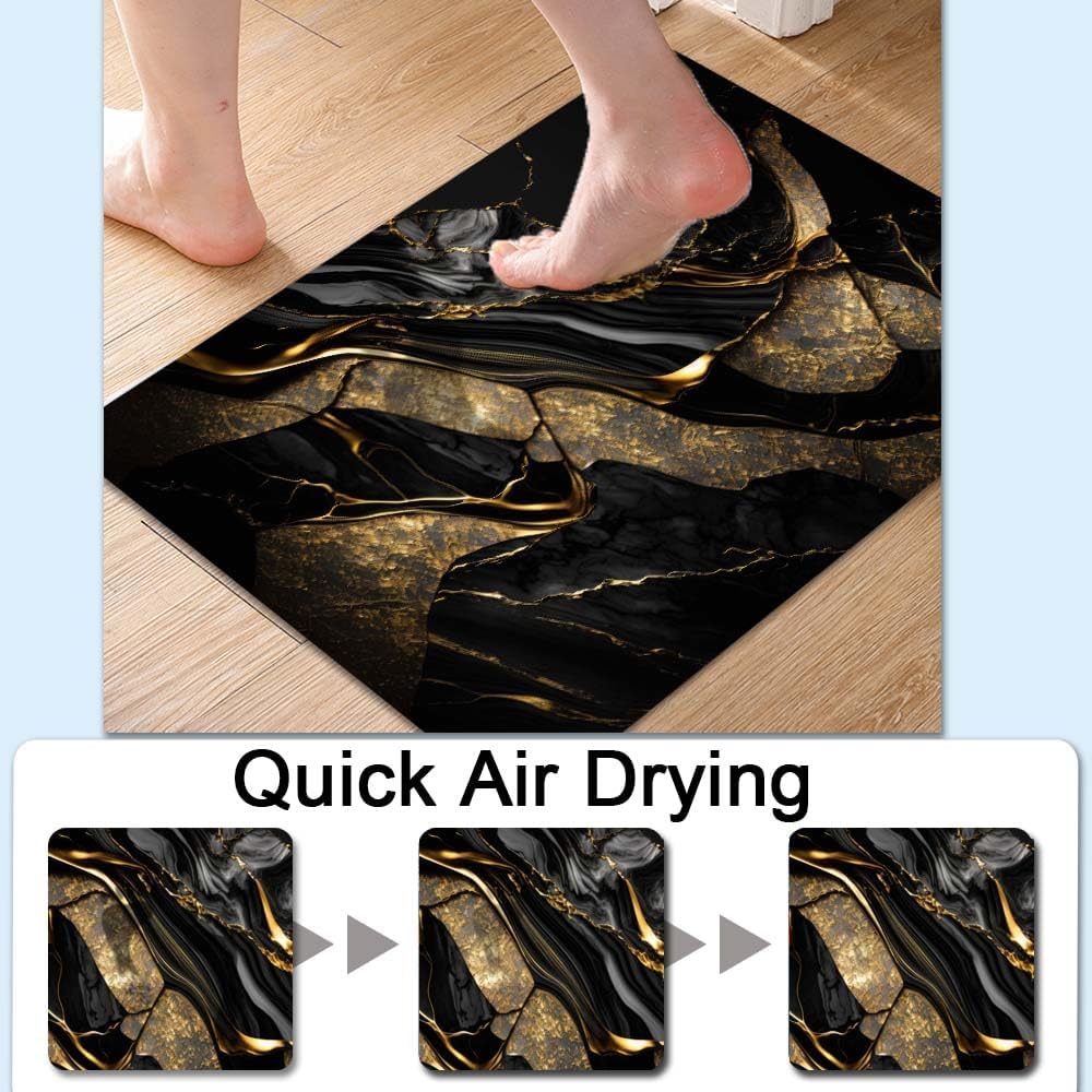 Bath Mat-Bathroom Rug，Black and Metallic Gold Marble-Absorbent Non Slip Quick Dry Stain Resistant