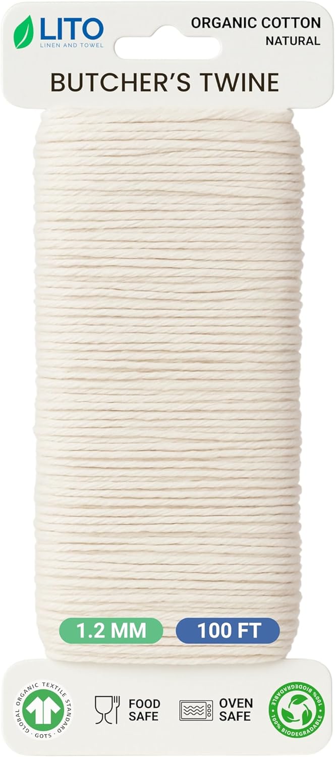 Organic Butcher’s Twine 100 Feet for Cooking & Trussing Meat– 1.2mm Heavy Duty Natural Cotton