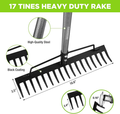 WORKPRO 65 Inch Bow Rake, 17 Tines Metal Head Rakes with High Strength Handle, Heavy Duty Garden
