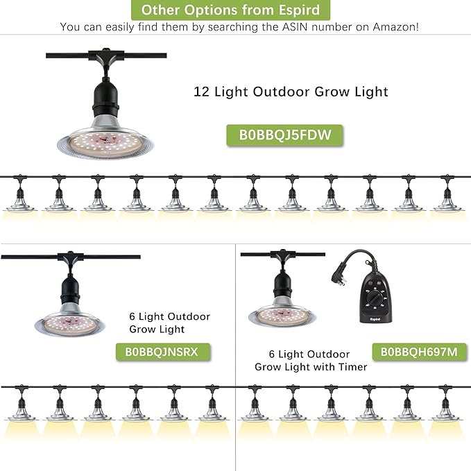 Espird Outdoor LED Grow Light with Timer, 12-Light Full Spectrum Grow Light Strip, Waterproof Plant