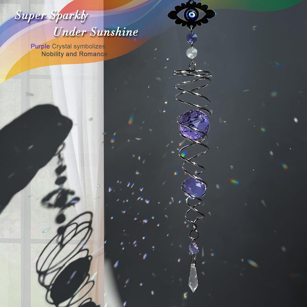 FONMY Evil Eye Gazing Ball Spiral Tail Wind Spinner Sun Catcher Rainbow Maker Silver Spiral