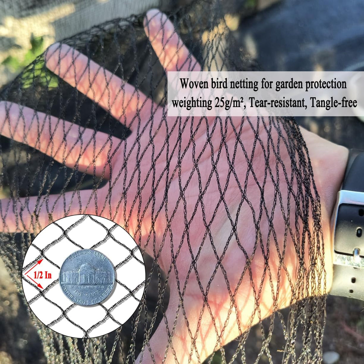 Junflying Bird Netting, 10x10 FT – 1/2" Mesh, Woven Black Netting for Garden Protection with Ties