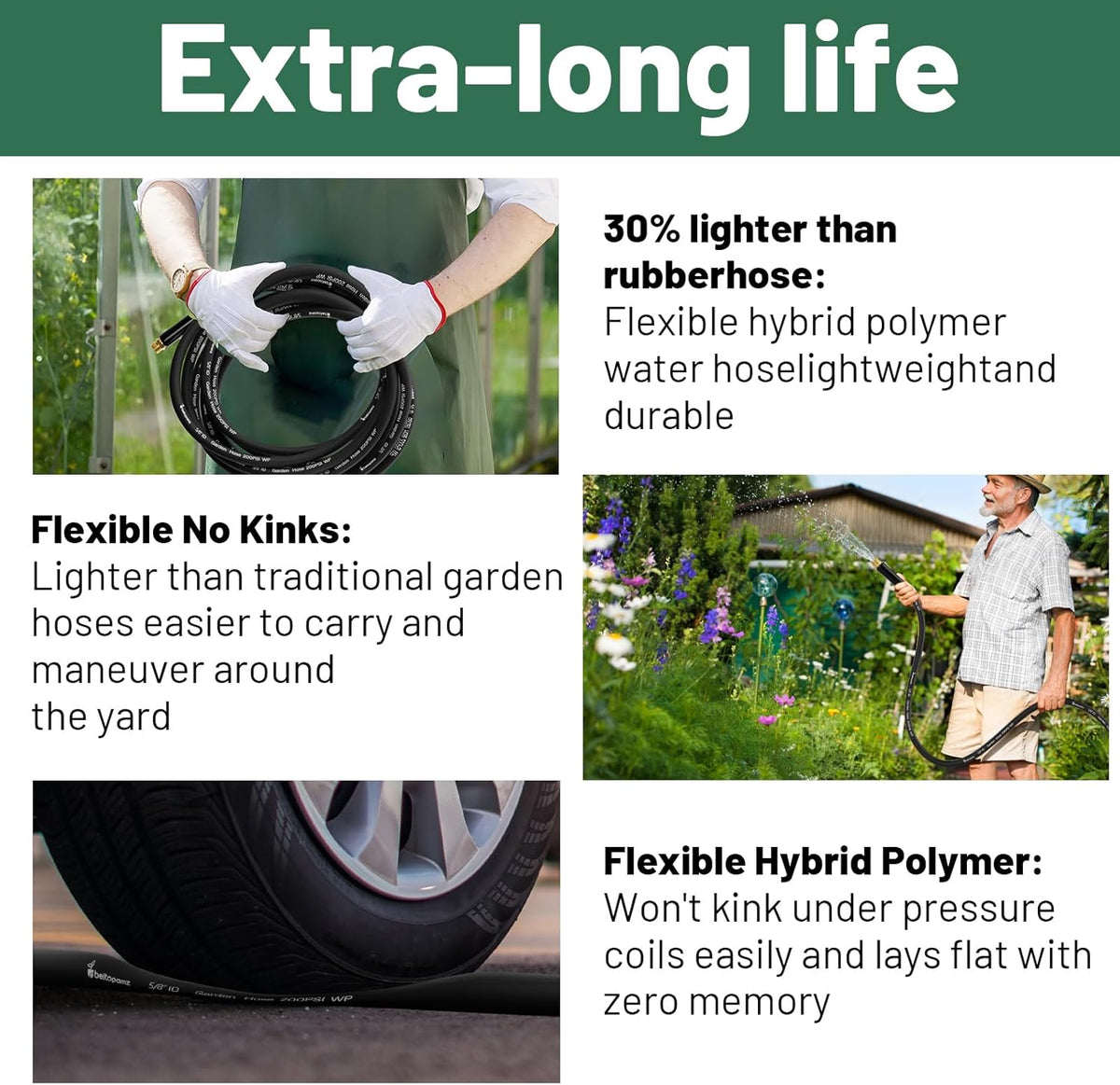 Garden Hose 50 ft x 5/8 in Heavy Duty Water Hose, Flexible and Durable, Lightweight Rubber Hybrid