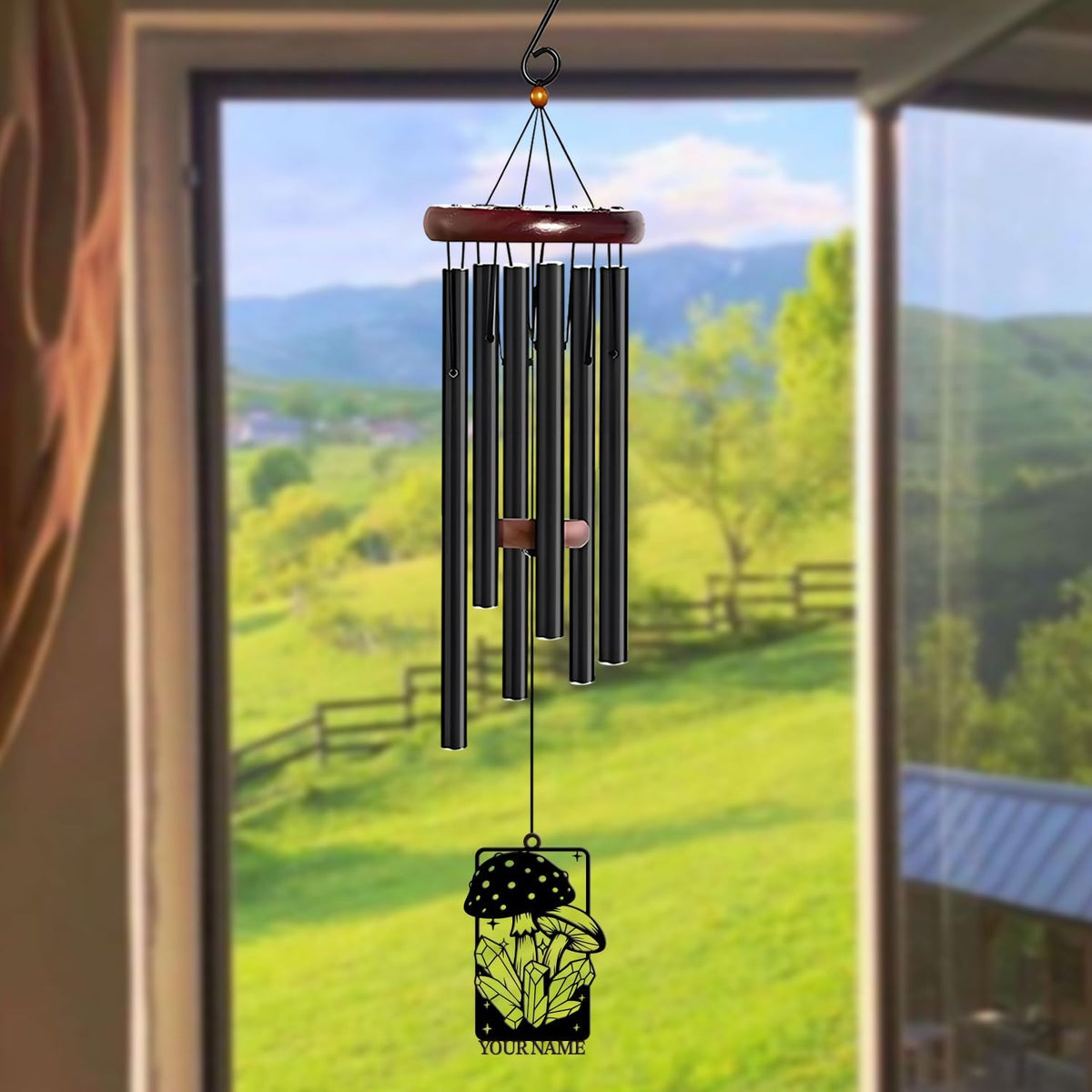 Personalized Customize Name Fantasy Mushroom Wonderland Wind Chime, Metal Iron 37 Inch Outdoor