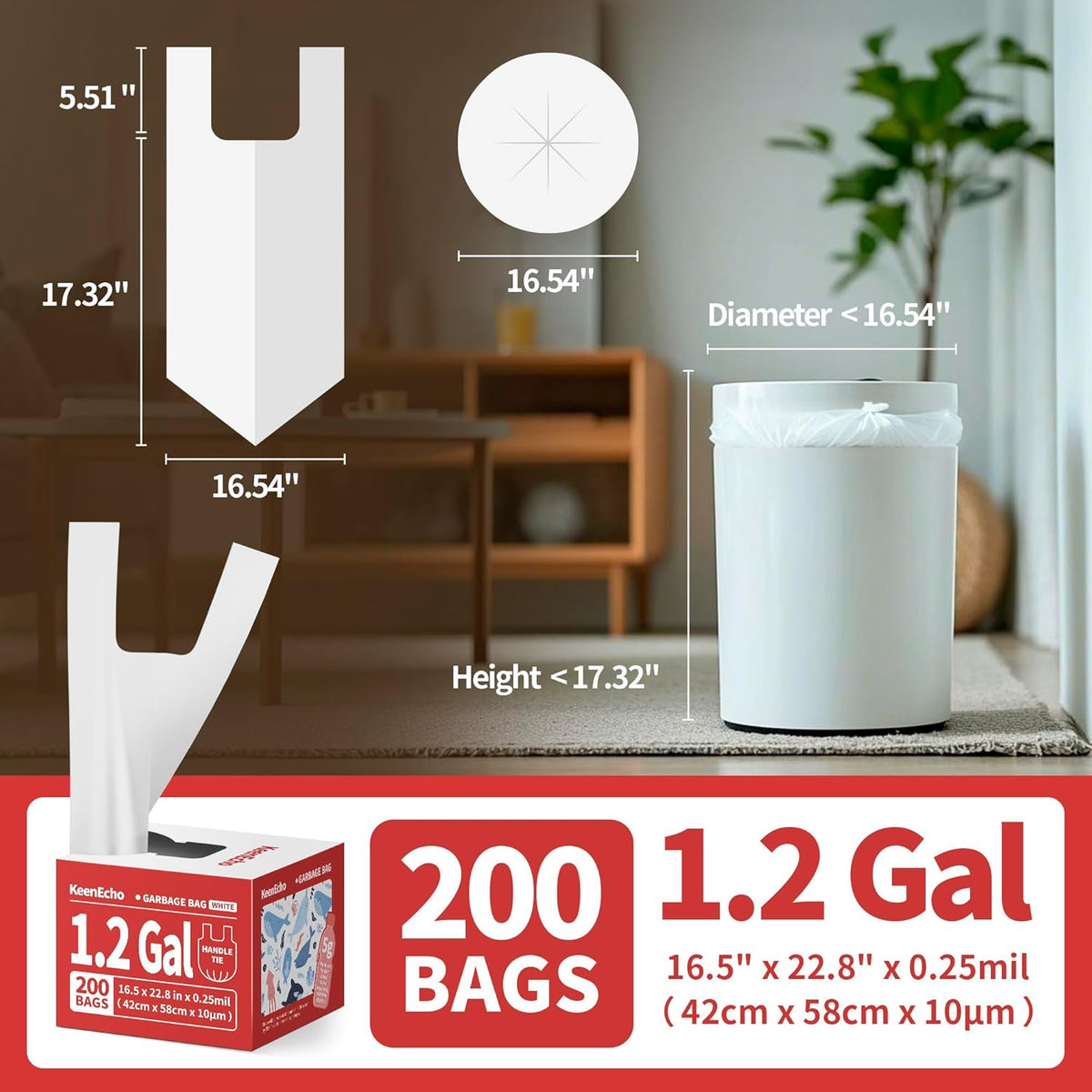 Small Trash Bags with Handles 1.2 Gallon 200 Count White - Ocean Plastic Upcycling - Plastic