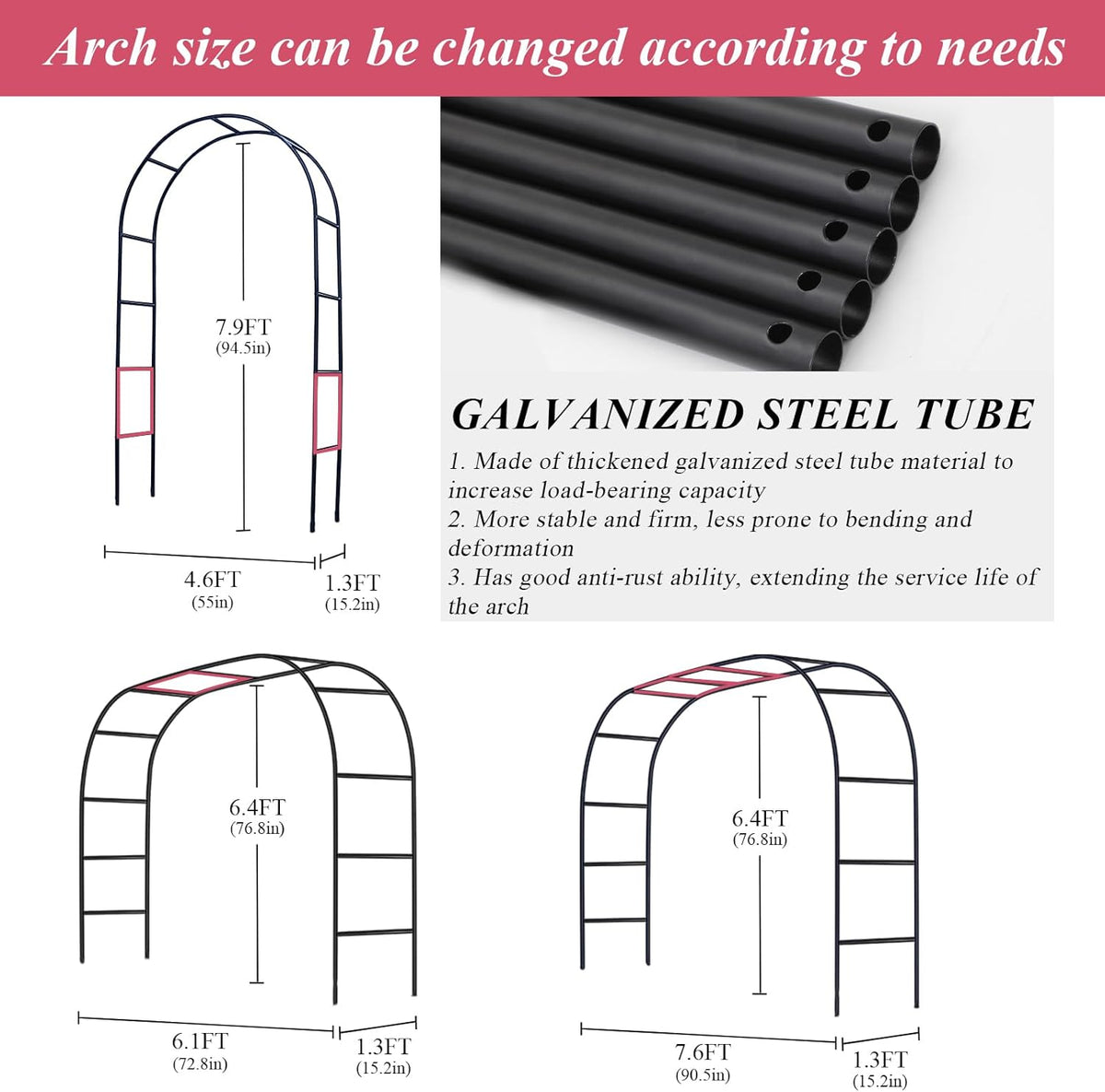 Thickened Tube Garden Arch Trellis - 4.6ft Wide x 7.9ft High or 7.6ft Wide x 6.4ft High - Trellis
