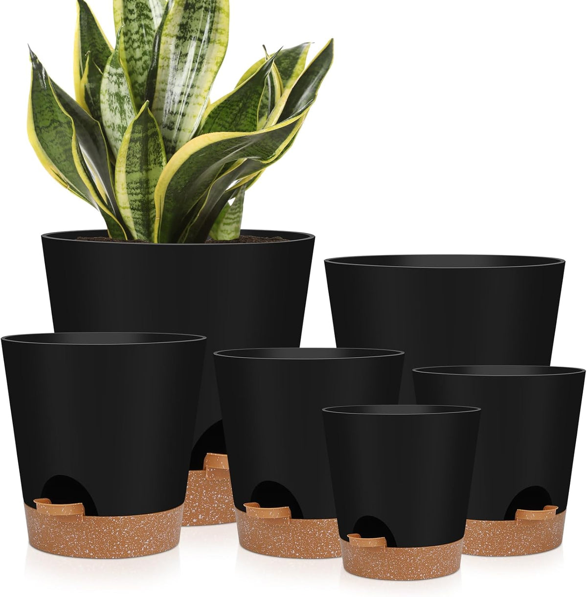 Indoor Self Watering Planters with Drainage Holes and Saucers, 8, 7, 6.5, 6, 5.5, 5 Inches, Black