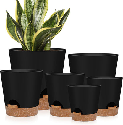 Indoor Self Watering Planters with Drainage Holes and Saucers, 8, 7, 6.5, 6, 5.5, 5 Inches, Black