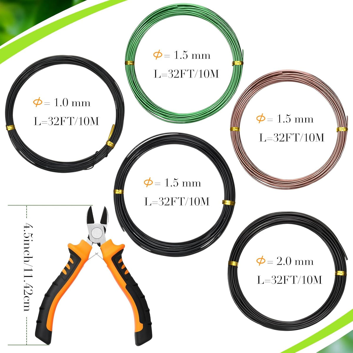 5 Roll Aluminum Bonsai Training Wire & Cutter Set - 160 Feet Total with Adjustable Anodized Wire