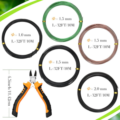 5 Roll Aluminum Bonsai Training Wire & Cutter Set - 160 Feet Total with Adjustable Anodized Wire